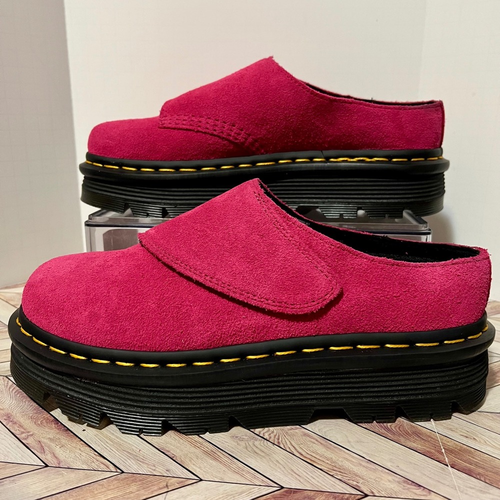 Dr Martens Zebzag Anywair Mules Women‎ 6 Fuchsia Pink Bronx Suede Platform Clogs